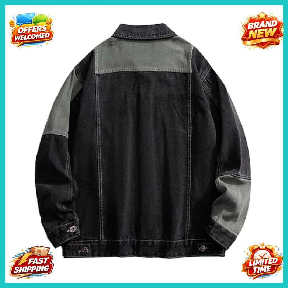 Oversized Denim Jacket Mens Patchwork Button Down… - image 5